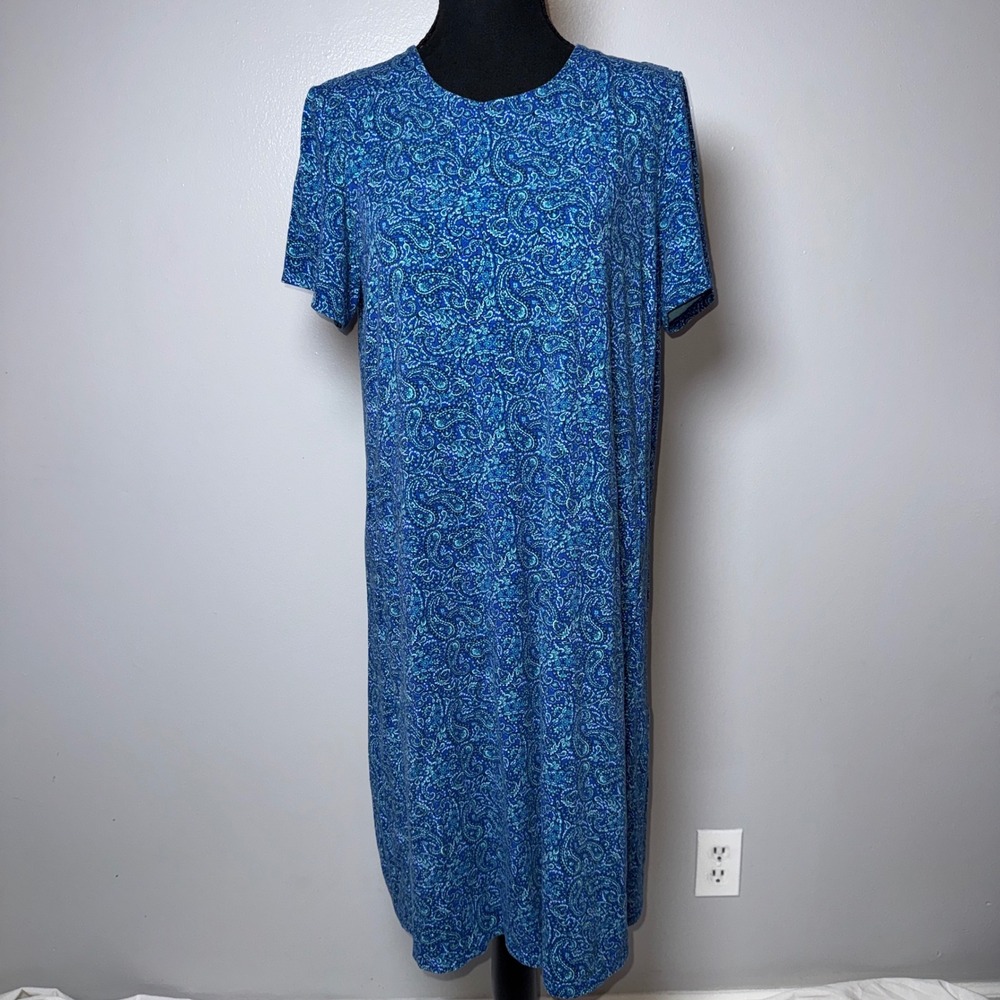 J. Jill Wearever Blue Paisley Jersey Knit Pocket Shift House Dress Womens M